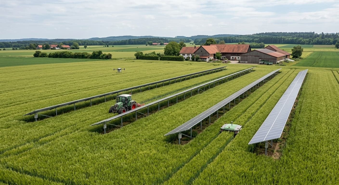 Agri-PV-Anlage auf einem Acker mit Traktor und autonomem Feldroboter zwischen den Modulreihen sowie einer Drohne über der Fläche.